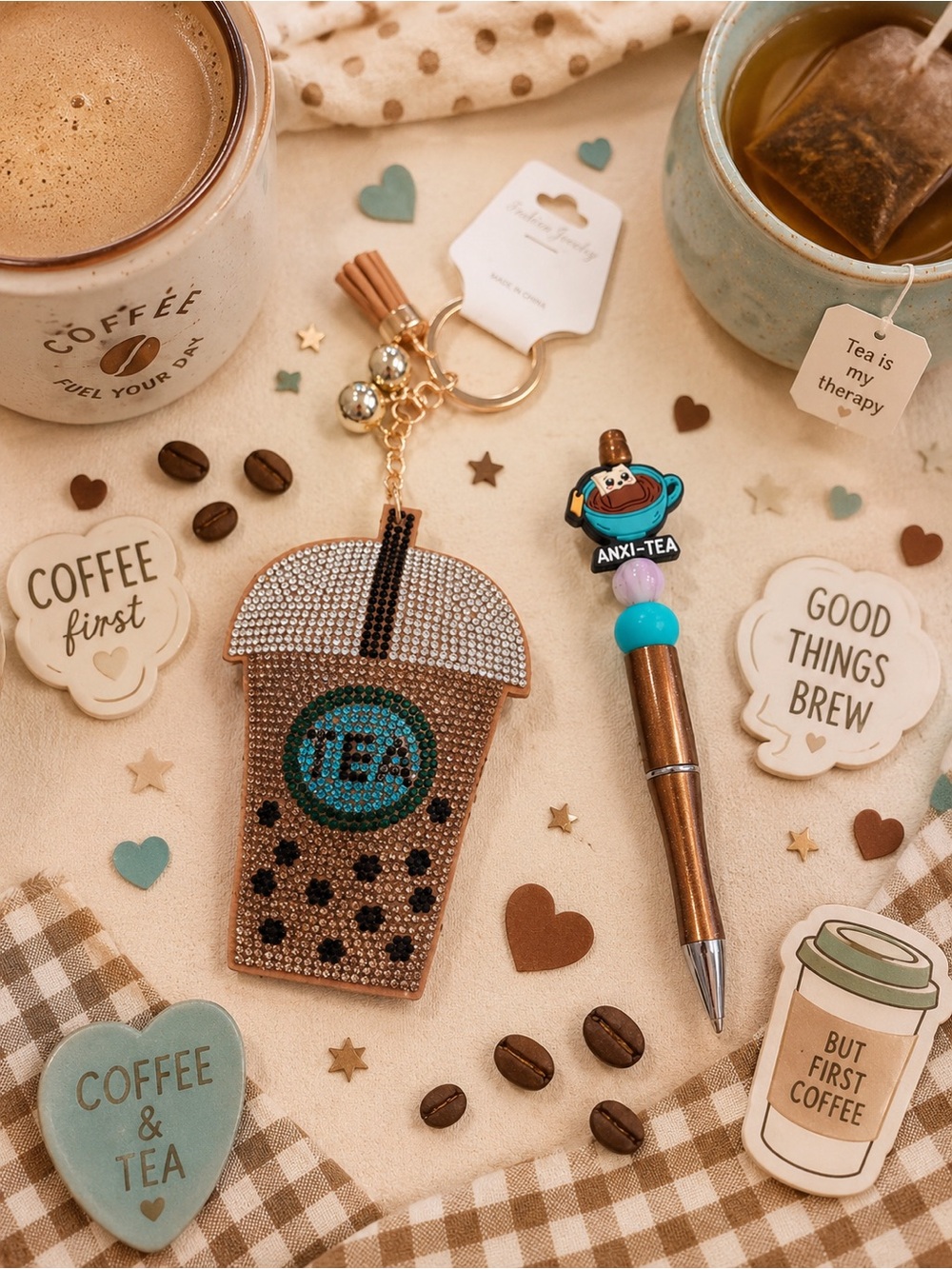 Handmade beaded TEA themed pen with Rhinestone Bubble Tea Keychain